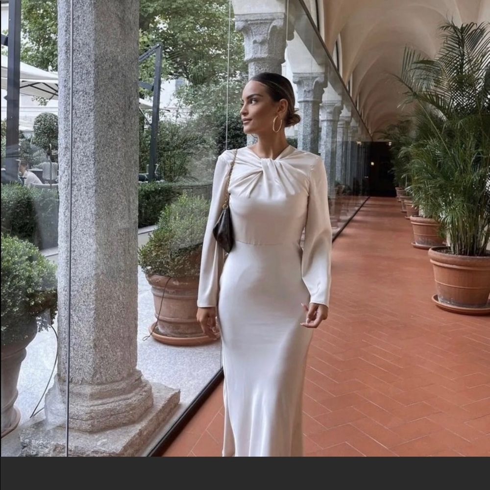 Zara Cream Long-Sleeve Twist-Front Maxi Dress